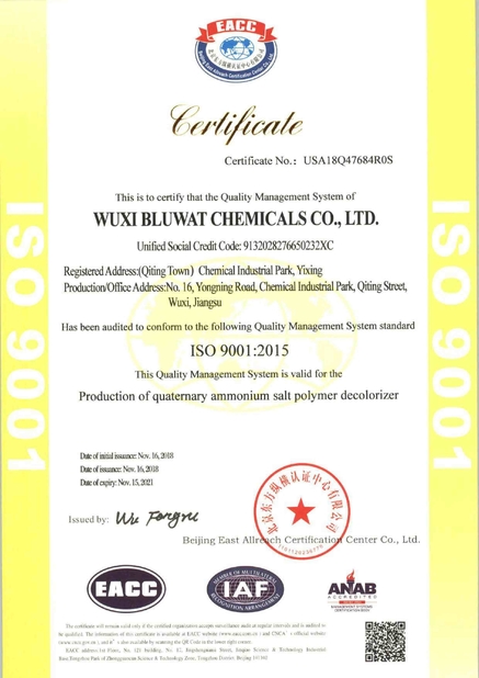 China Yixing bluwat chemicals co.,ltd Certificações