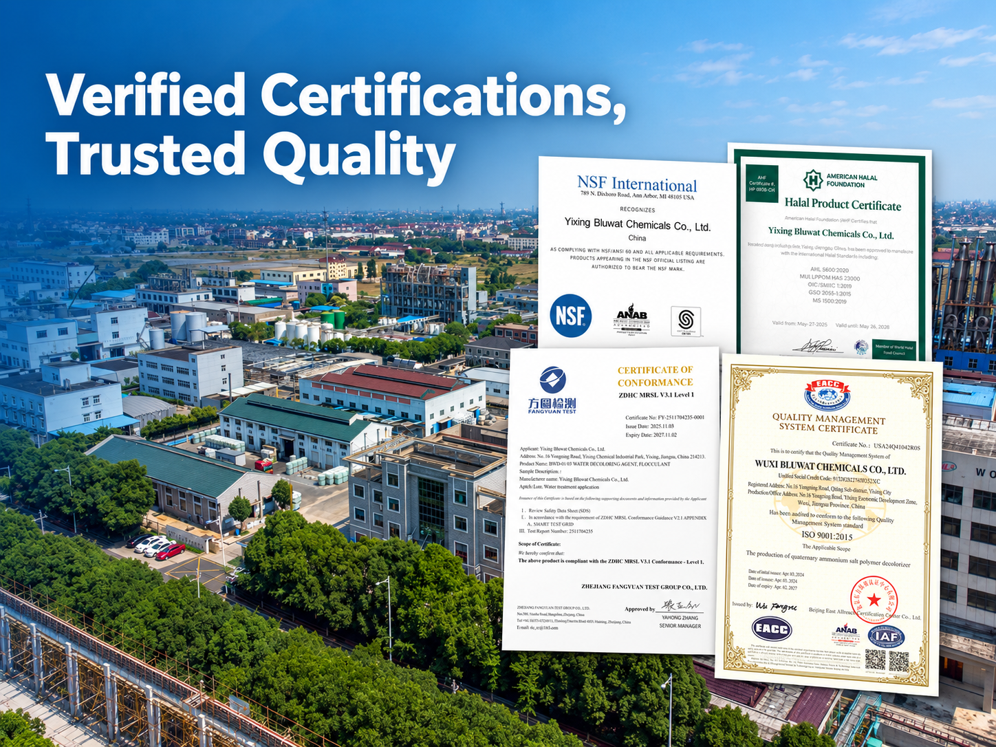 Últimos blogs da empresa sobre Bluwat Chemicals Strengthens Buyer Confidence with Verifiable NSF, Halal, ZDHC and ISO Credentials